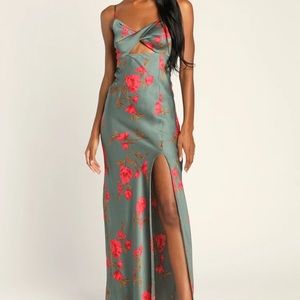 Sage green satin floral maxi wedding guest dress